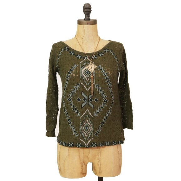 Free People Aztec Embroidered Crop Top Size S Crochet Knit Green EUC A3 - Picture 1 of 5